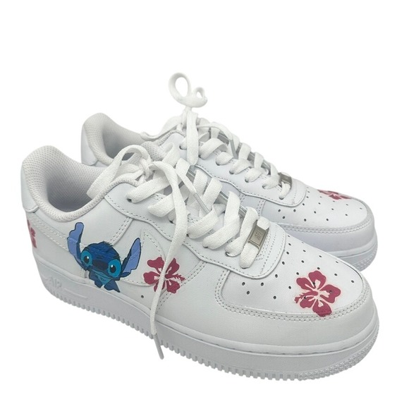 Custom Nike Air Force 1 White Stitch Hibiscus Sneakers Women's 8 - Picture 2 of 16